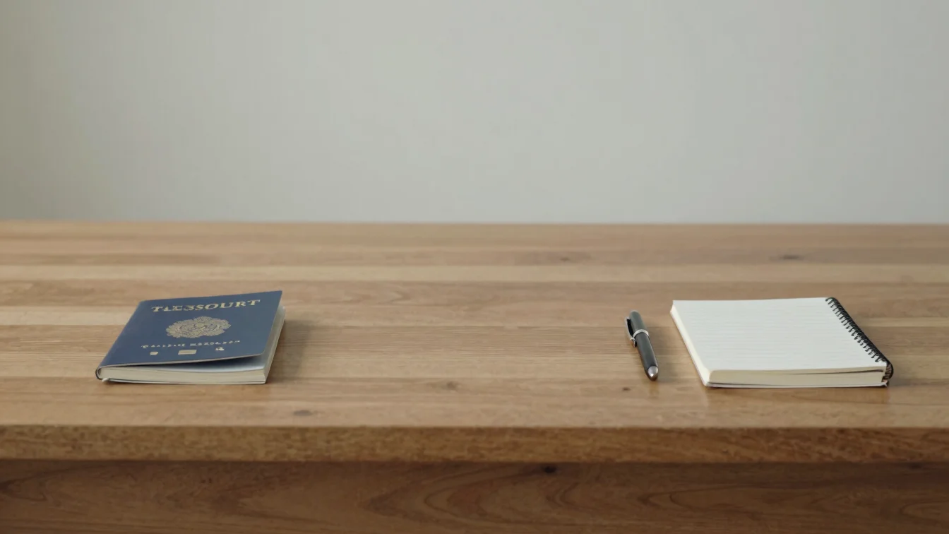 Soft daylight on a neatly arranged wooden desk with a folded travel document, a pen, and a small notebook, warm neutral