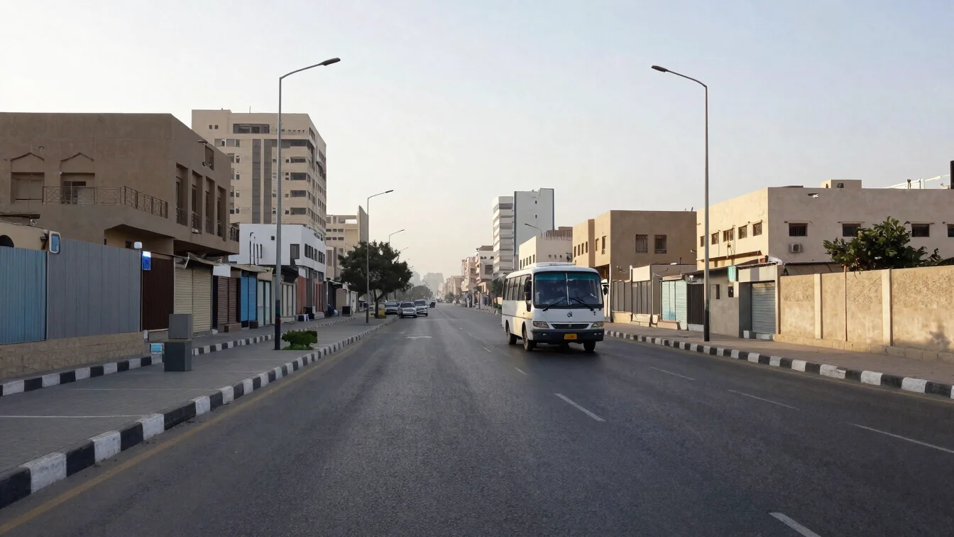 Wide view of a quiet city road in Makkah at early morning, a modest bus passing in the distance, soft natural light, doc