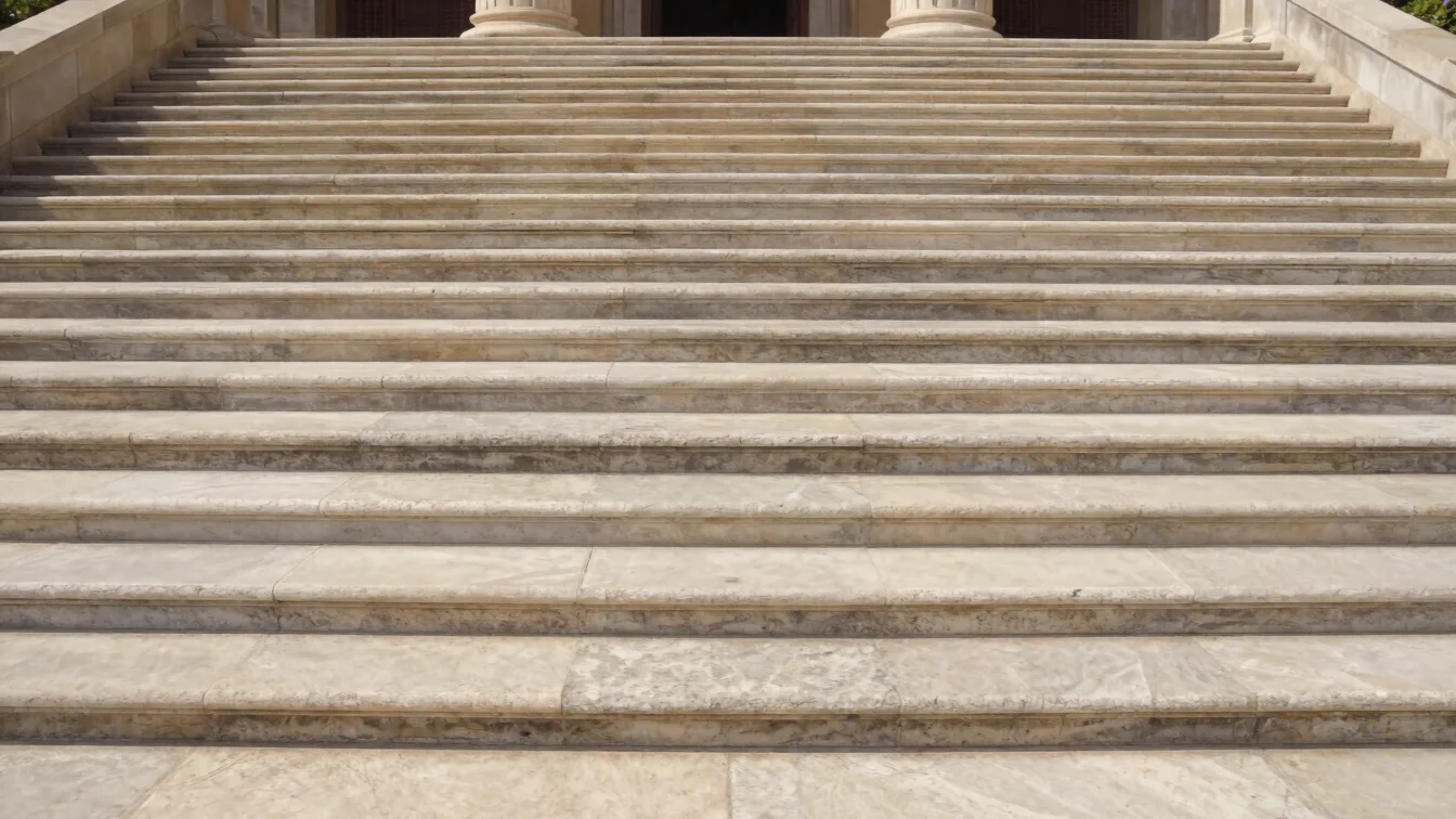 Calm architectural detail of stone and marble steps leading up to a sacred courtyard, natural daylight, warm neutral pal