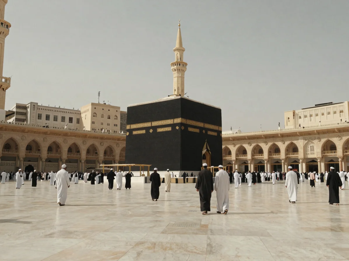 Wide documentary view of the Masjid al-Haram courtyard in soft na