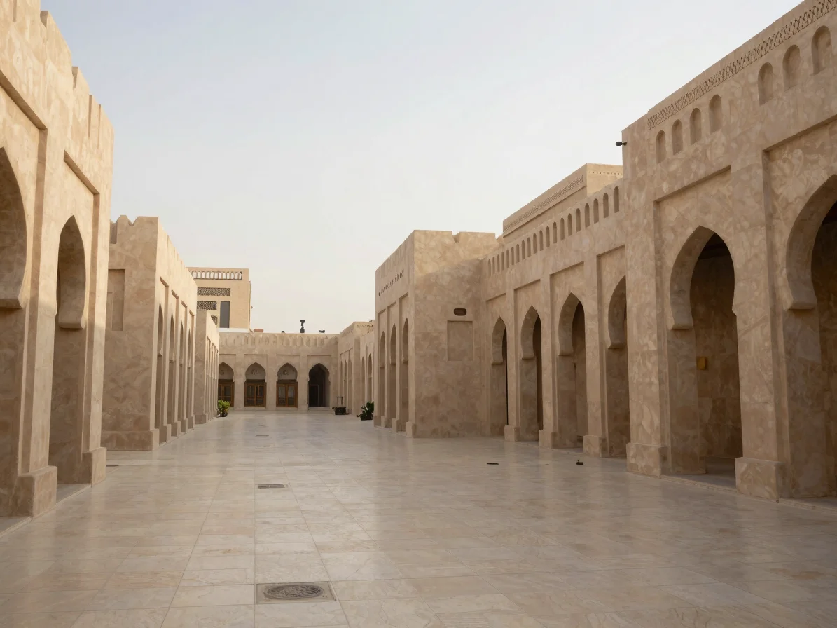 Wide environmental view of a hotel corridor facing the Haram in M