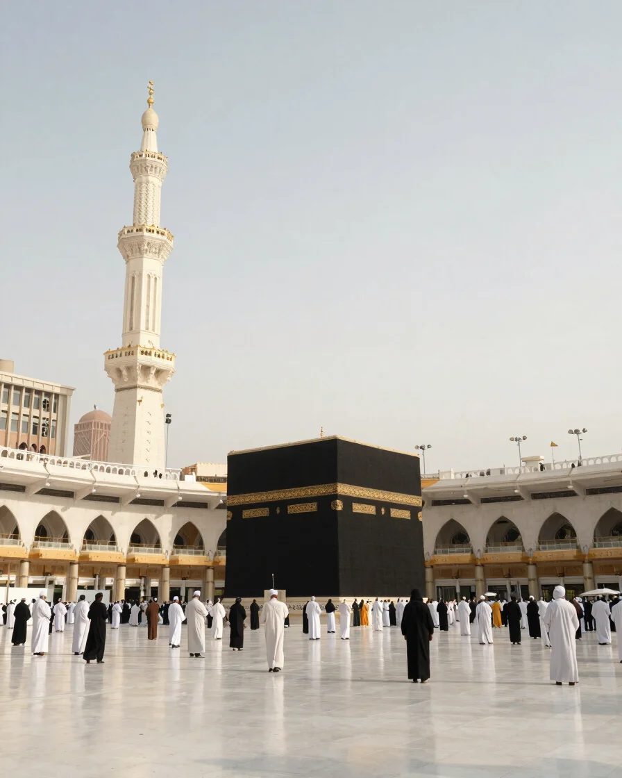Wide documentary view of the Masjid al-Haram courtyard at Makkah